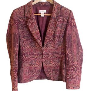 Woman's Worthington Lined Burgundy Paisley Patterned Tweed Blazer Size 12
